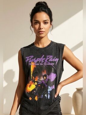 Prince-Purple Rain Oversized NWOT Graphic Muscle Tank Top - Black S